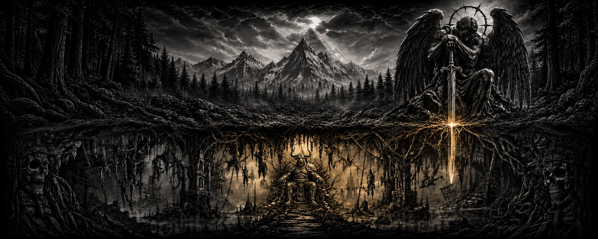 Hoorai Illustration: Fallen Angel und Shamane, Berge und Wald über einer dunklen Unterwelt